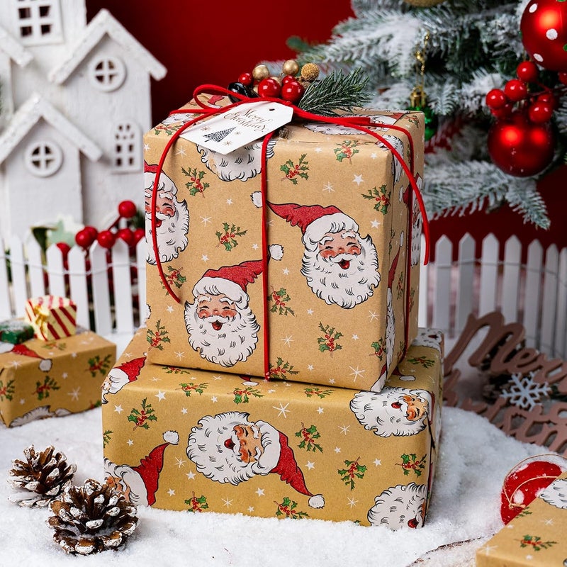 Merture Kraft Christmas Wrapping Paper Roll, Brown Gift Wrap Paper with Cute Happy Santa Claus for Christmas Birthday Festival Party - Mini Roll - 17 In X 32.8 Ft (46.5 sqft) - Image 2